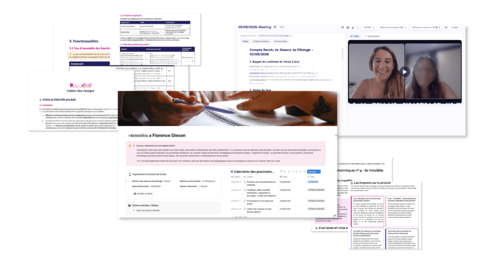Capture de l'environnement de travail lorsqu'on démarre une collaboration avec Florence Giesen, à savoir : un environnement Notion, des CR de réunion avec l'enregistrement vidéo, des notes stratégiques et un cahier des charges complet pour l'application ou le logiciel santé